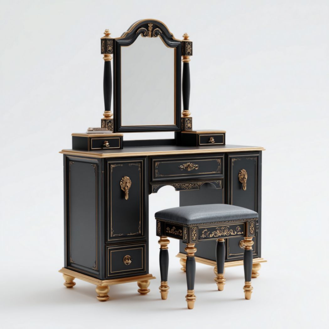 Tocador negro con detalles dorados, espejo y taburete acolchado
