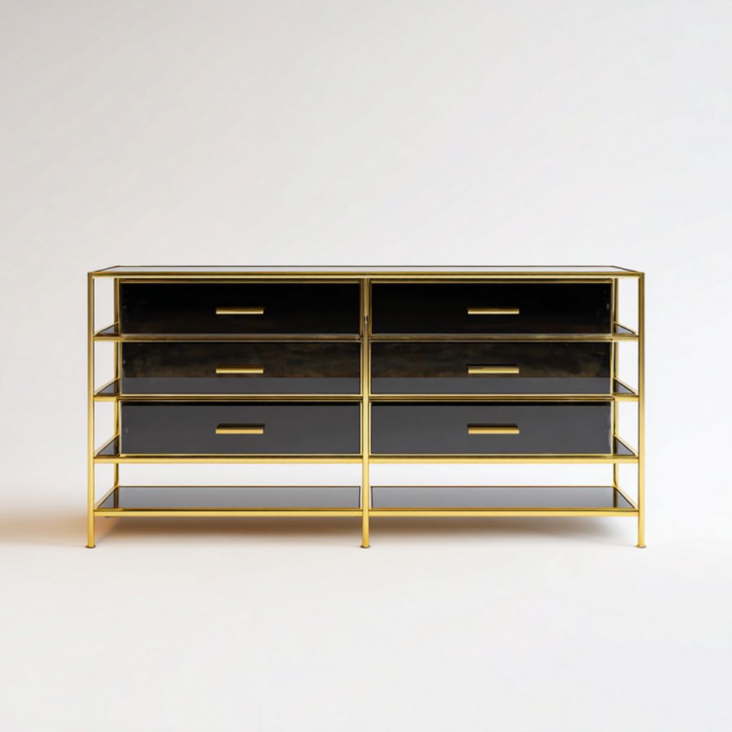 Aparador de metal dorado y vidrio negro con 6 cajones, 120×40×80 cm