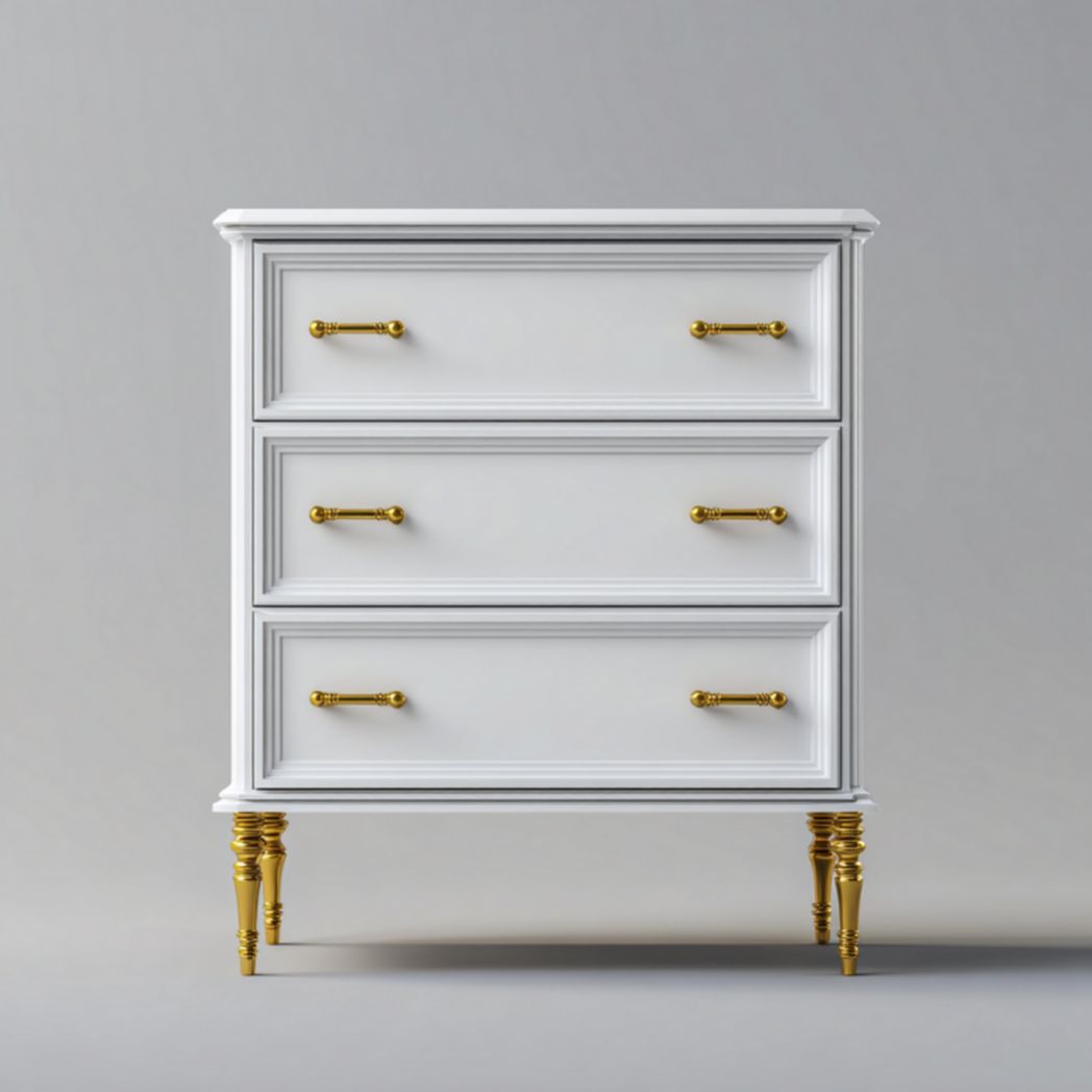 Cómoda blanca de 3 cajones con tiradores y patas doradas, 80×40×90 cm