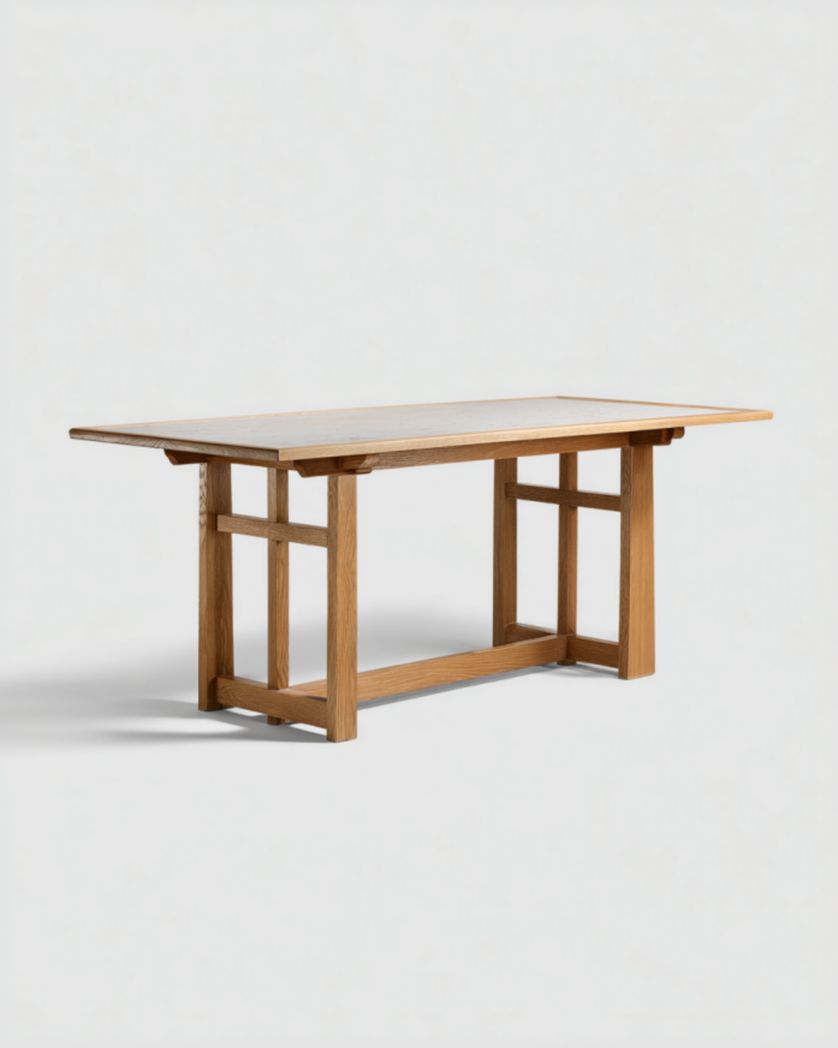 Mesa de comedor roble natural con tablero fino en voladizo y bastidor lateral en marco, 180×90×75 cm