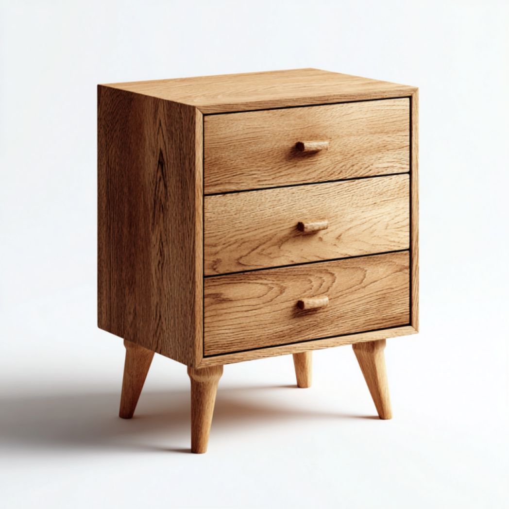 Cajonera auxiliar de roble natural con 3 cajones y patas cónicas, 45×35×60 cm