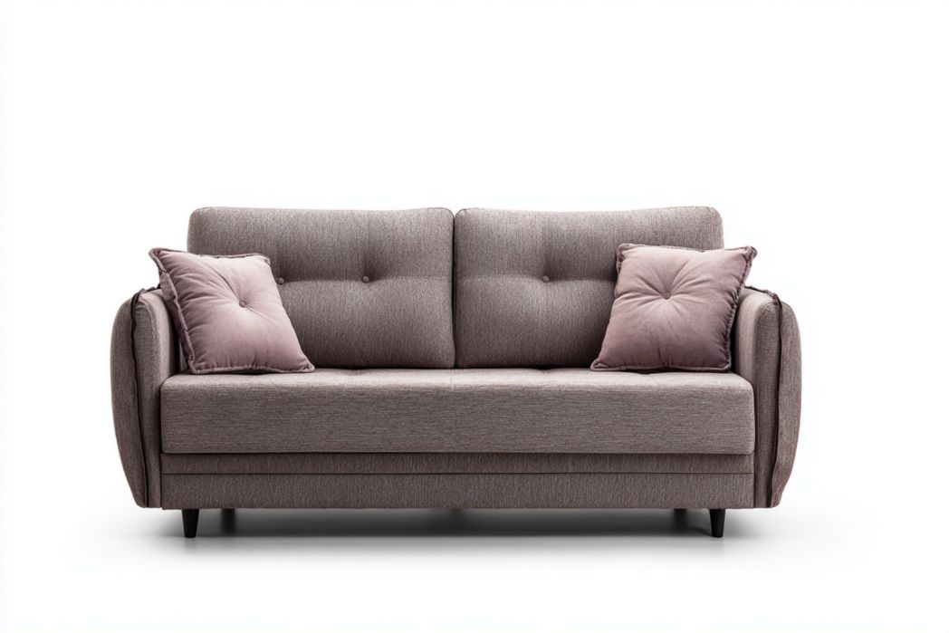 Sofá 2 plazas gris marrón con cojines decorativos en tono lila