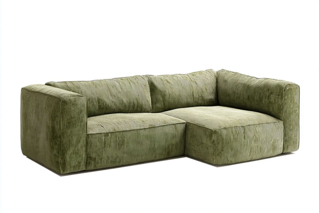 Sofá esquinero 3 plazas en tela verde de pana con diseño a rayas