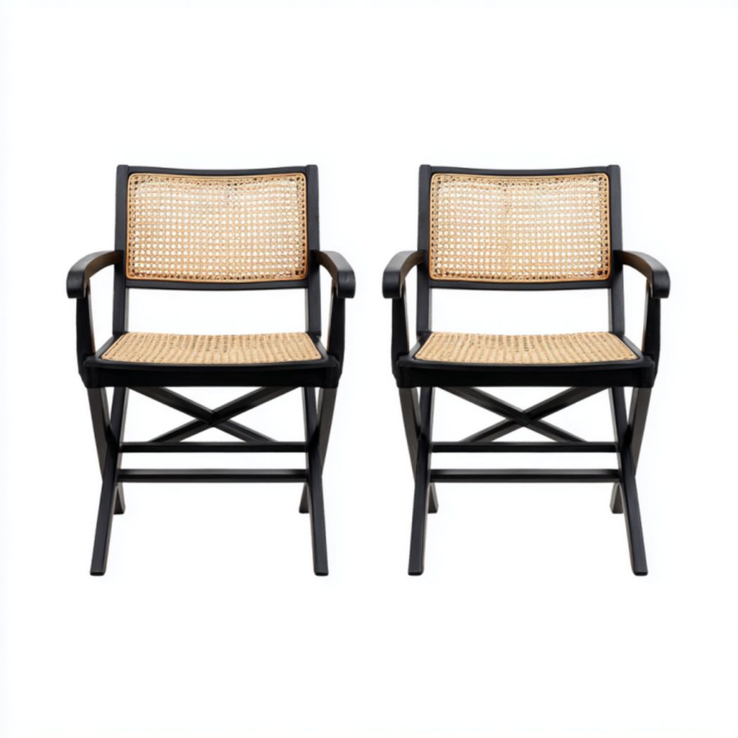 Pack 2 sillas de comedor negras con estructura de madera y asientos/respaldo de ratán, con brazos y refuerzo en X