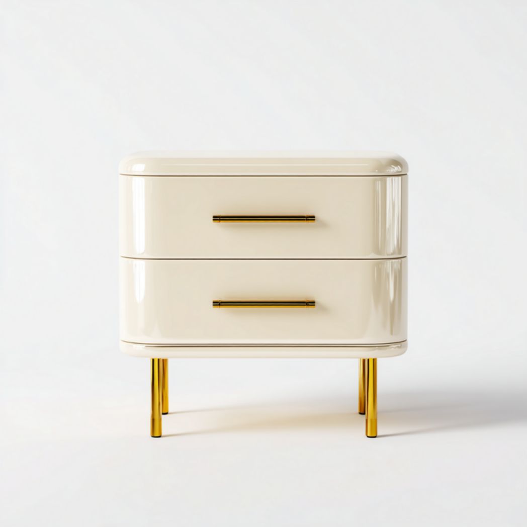 Mesita de noche beige con 2 cajones y patas metálicas
