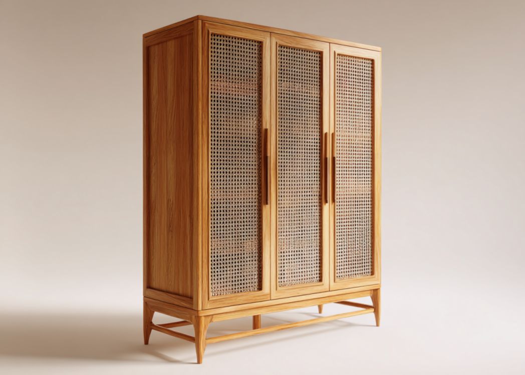 Armario de tres puertas de madera y ratán color natural