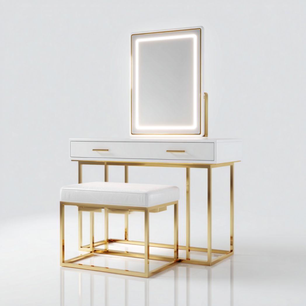Tocador blanco con marco dorado, espejo LED y taburete acolchado