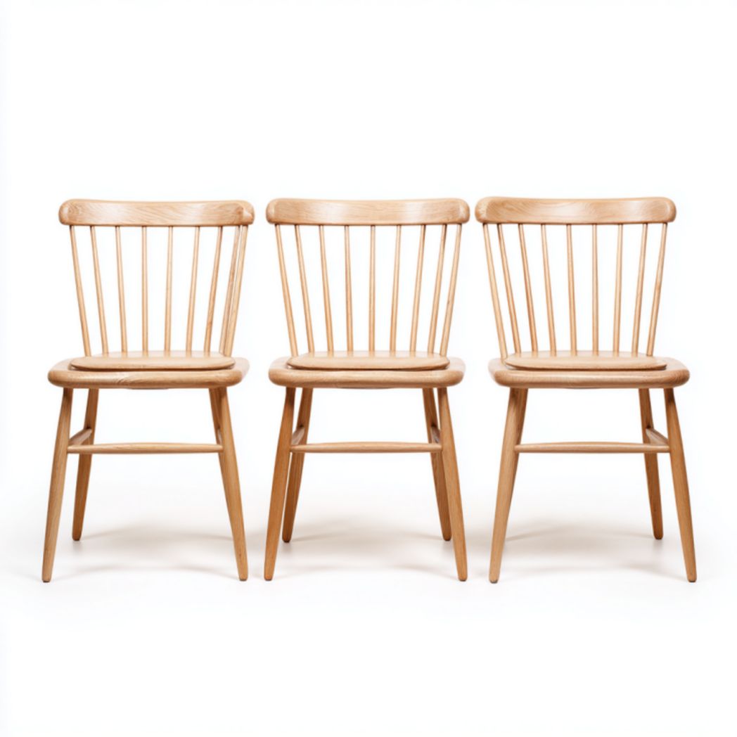 Pack 3 sillas de comedor de madera color roble con respaldo de barrotes y refuerzo inferior