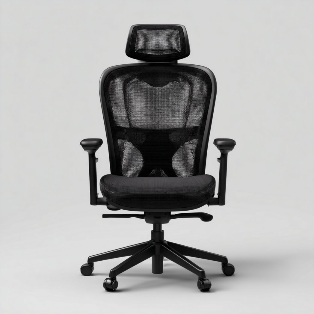 Silla de oficina ergonómica de malla negra con reposacabezas, reposabrazos ajustables y ruedas