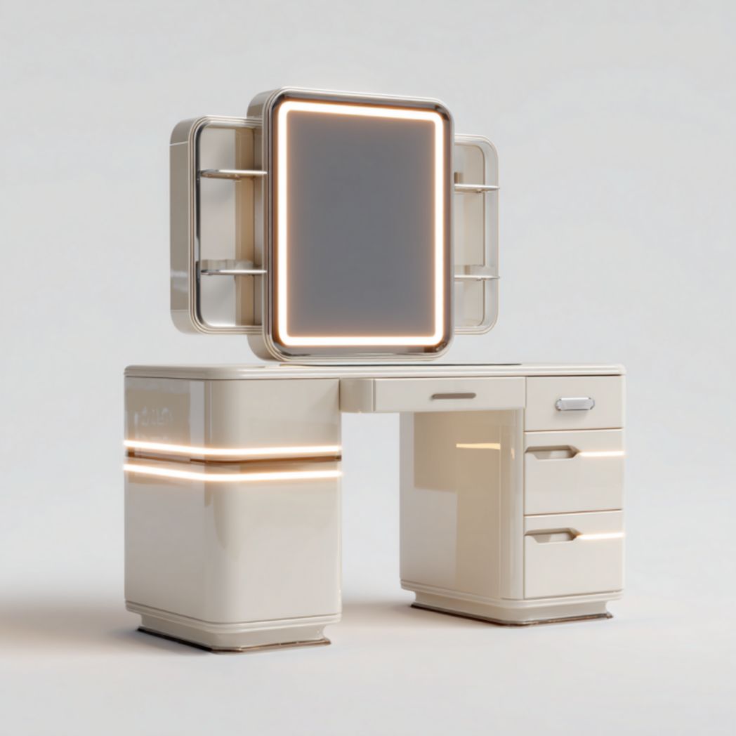 Tocador color marfil con espejo LED, armario lateral y cajones