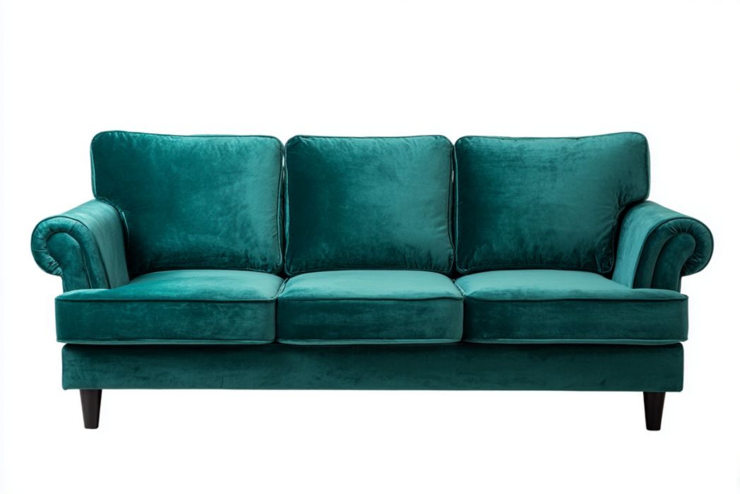 Sofá 3 plazas verde de terciopelo con cojines y brazos enrollados
