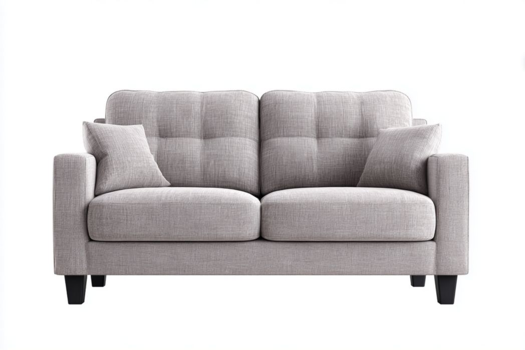 Sofá 2 plazas gris con respaldo acolchado y cojines incluidos