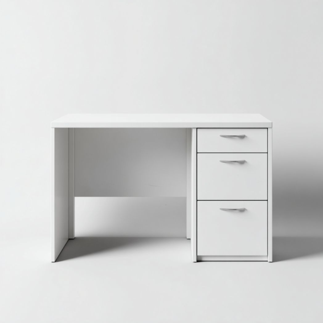 Escritorio blanco con 3 cajones y tiradores metálicos
