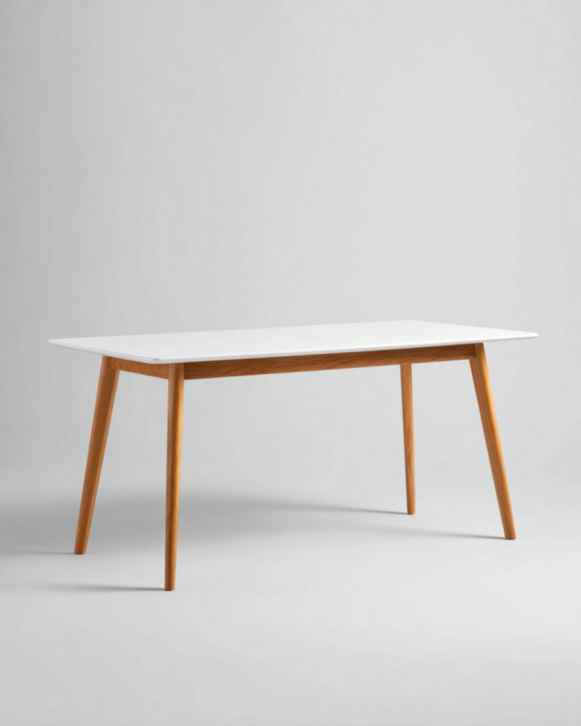 Mesa de centro rectangular blanca con patas de madera inclinadas, 110×60×42 cm