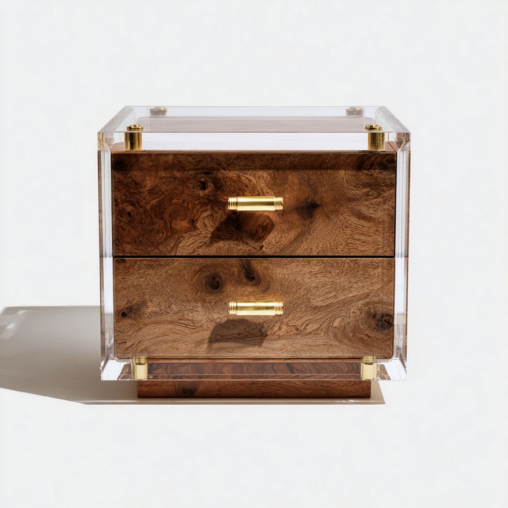 Mesita de noche con marco acrílico y frente de madera con 2 cajones y tiradores dorados