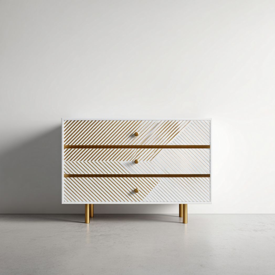 Zapatero blanco con detalles dorados y tres cajones