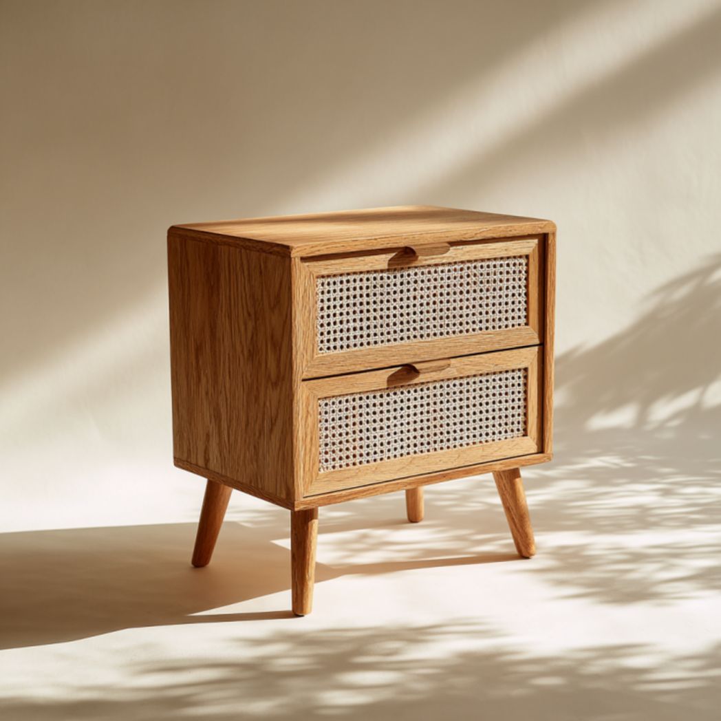 Mesita de noche de madera natural con 2 cajones de ratán
