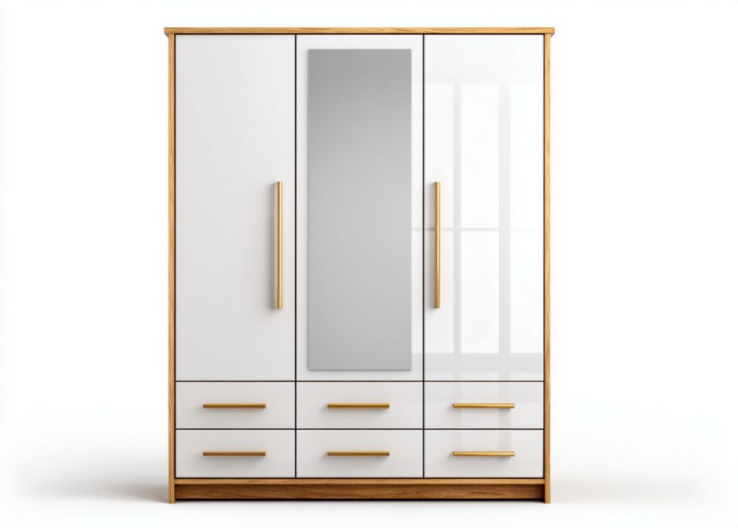 Armario blanco de madera con dos puertas, seis cajones y espejo