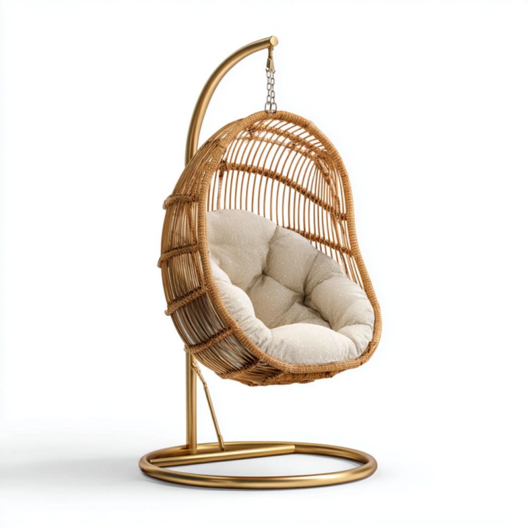 Silla colgante tipo huevo con soporte dorado – ratán PE natural y cojín beige