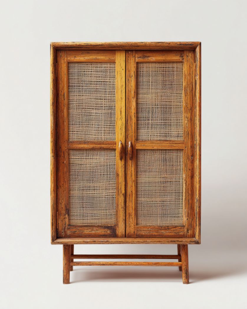 Armario aparador de 2 puertas con malla de yute, patas elevadas, color roble miel 80×40×120 cm