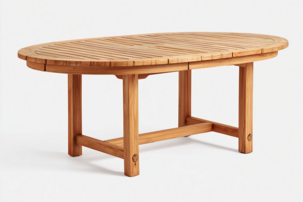 Mesa de jardín ovalada de madera tono miel, tablero de lamas y refuerzo inferior 160×100×75 cm