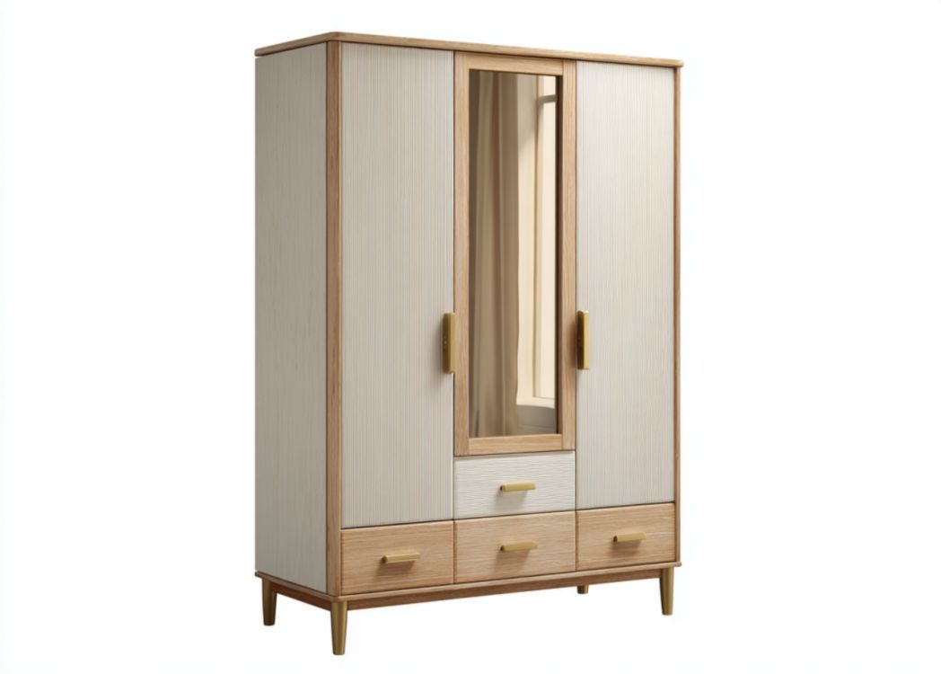 Armario de tres puertas con espejo y cajones color madera clara
