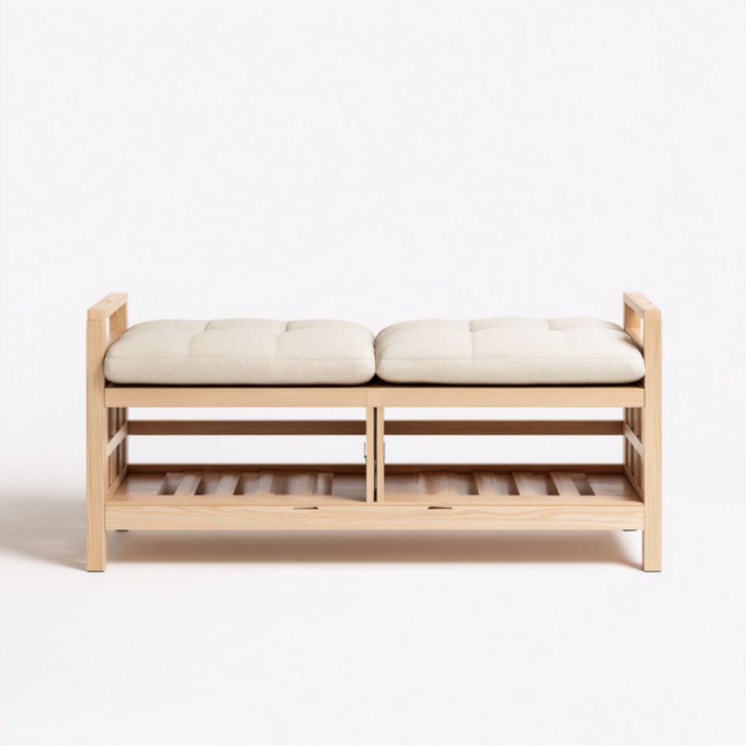 Banco de madera natural con cojines dobles color marfil y estante inferior
