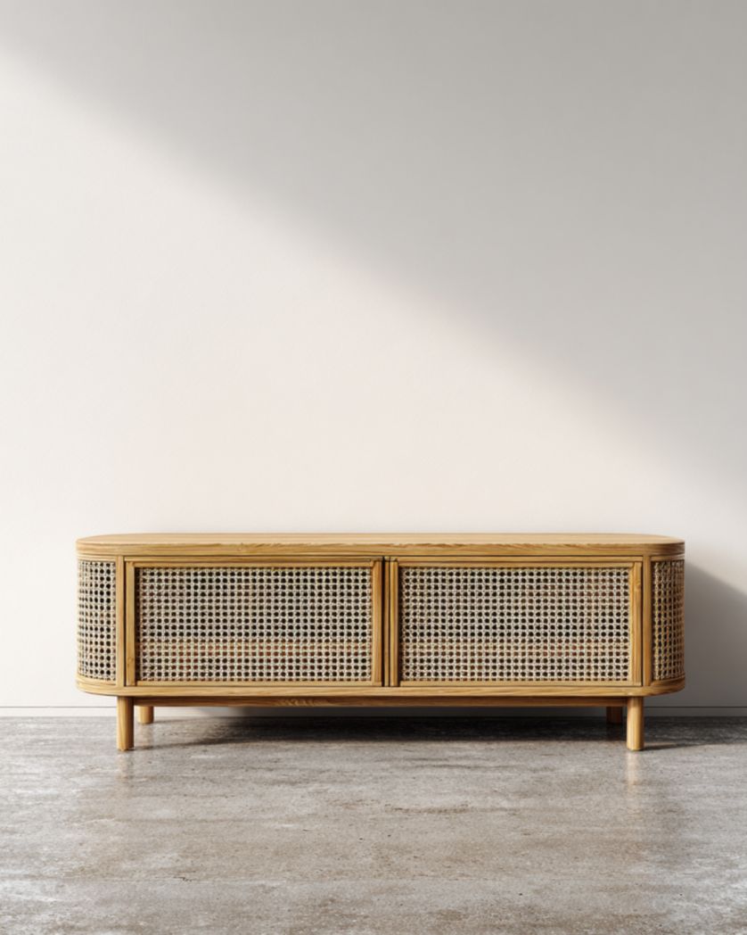 Mueble TV de roble natural con puertas correderas de rejilla de ratán, esquinas redondeadas 150×40×50 cm