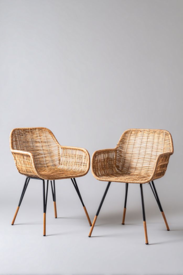 Juego de 2 sillas de jardín de ratán sintético color natural con patas metálicas negras y detalle efecto madera 55×58×80 cm