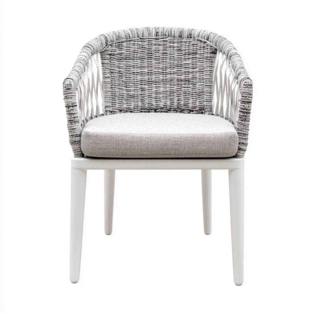 Silla de jardín gris/blanco con respaldo de ratán sintético y cuerda, cojín de asiento incluido 58×60×80 cm