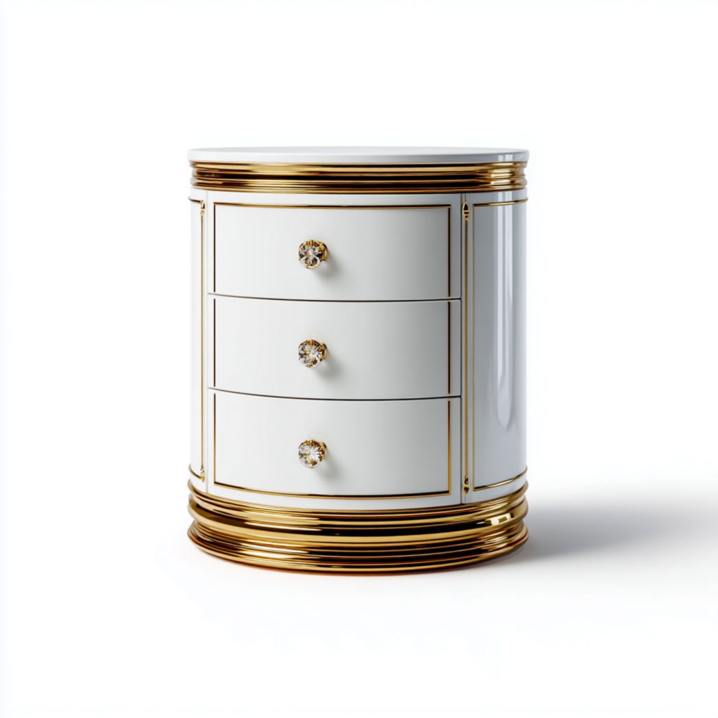 Mesita de noche redonda blanca con 3 cajones y detalles dorados