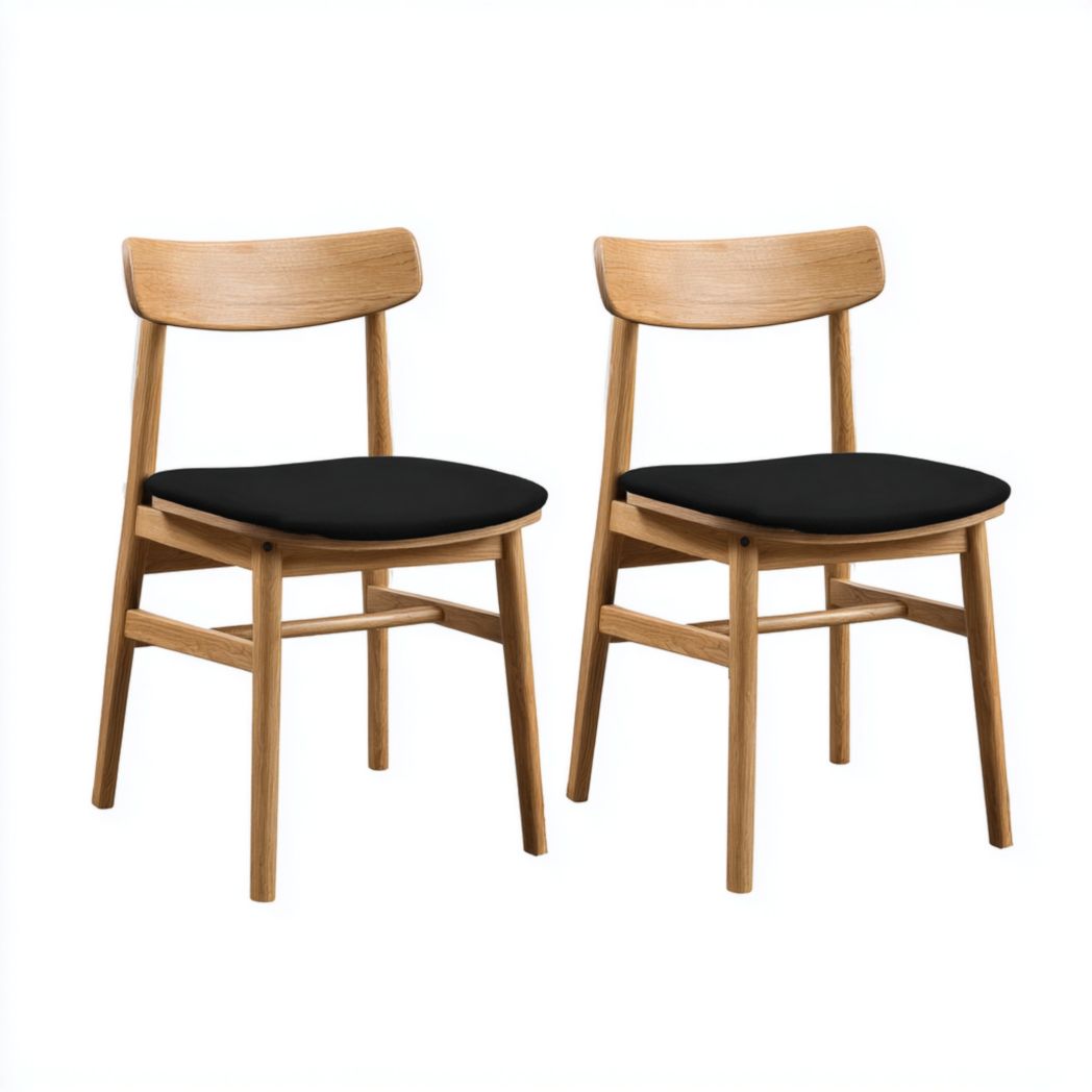 Pack 2 sillas de comedor tono roble con asiento acolchado negro y respaldo de madera curvo