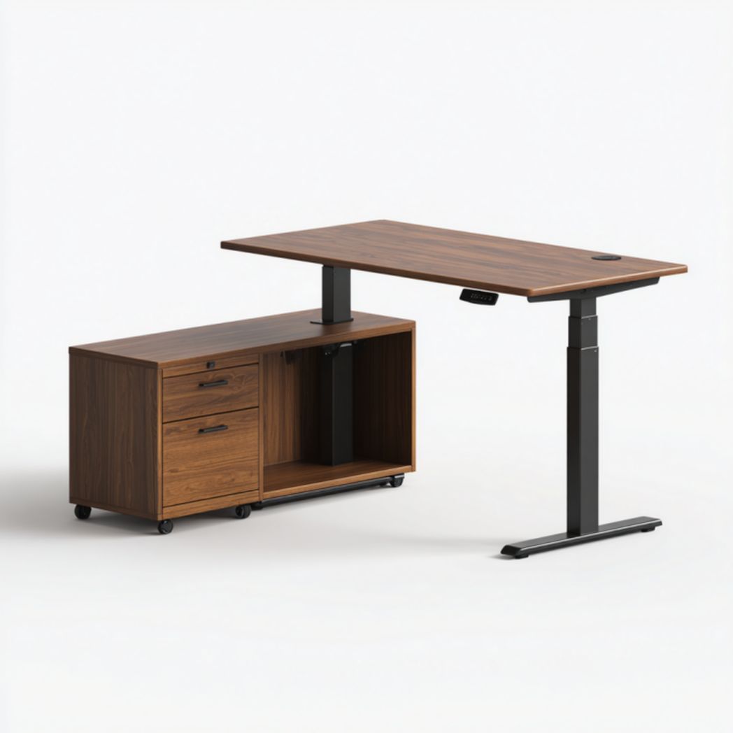 Escritorio elevable eléctrico color madera con módulo de almacenamiento y cajones