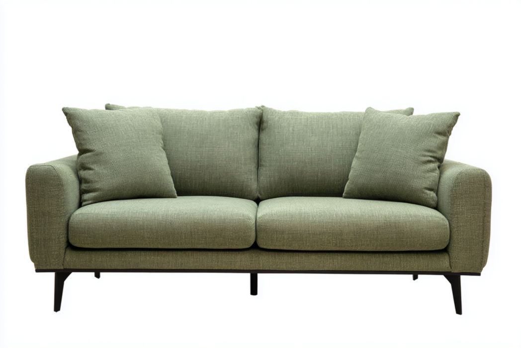 Sofá 3 plazas verde de tela con cojines y patas metálicas