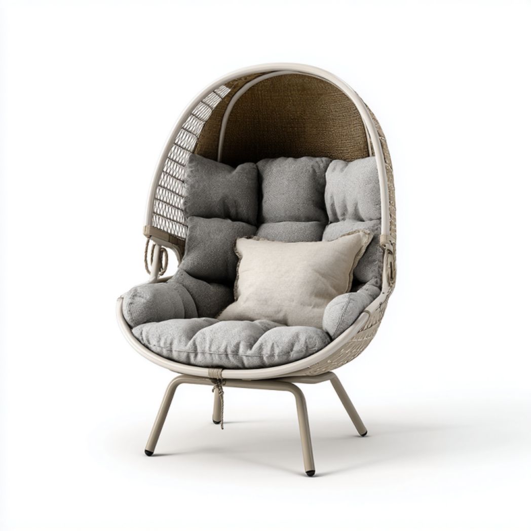 Sillón nido con capota de ratán PE beige, base metálica y cojines grises (2 uds.)