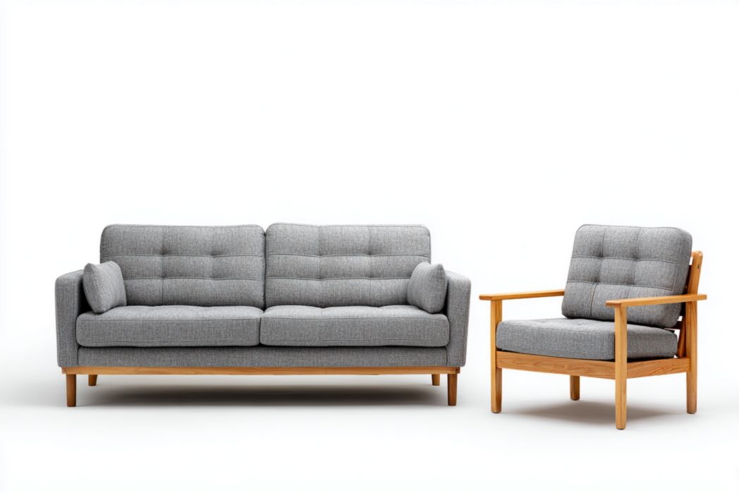 Conjunto sofá gris de tela 2 plazas con sillón individual y estructura de madera