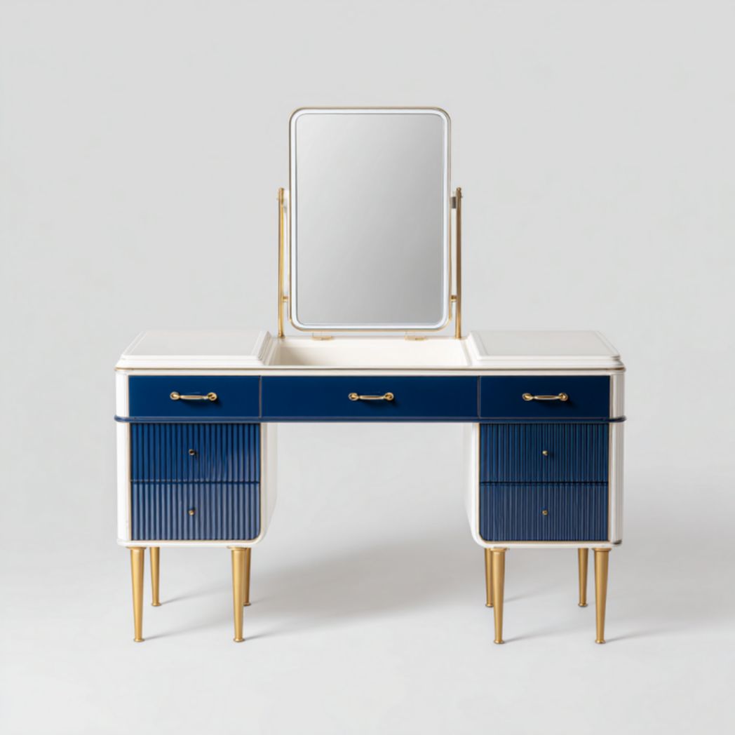 Tocador azul y blanco con espejo rectangular y cajoneras