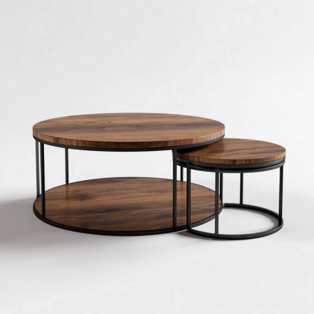 Mesa de centro nido redonda en nogal y metal negro (2 piezas) con estante inferior Ø90/Ø60 cm
