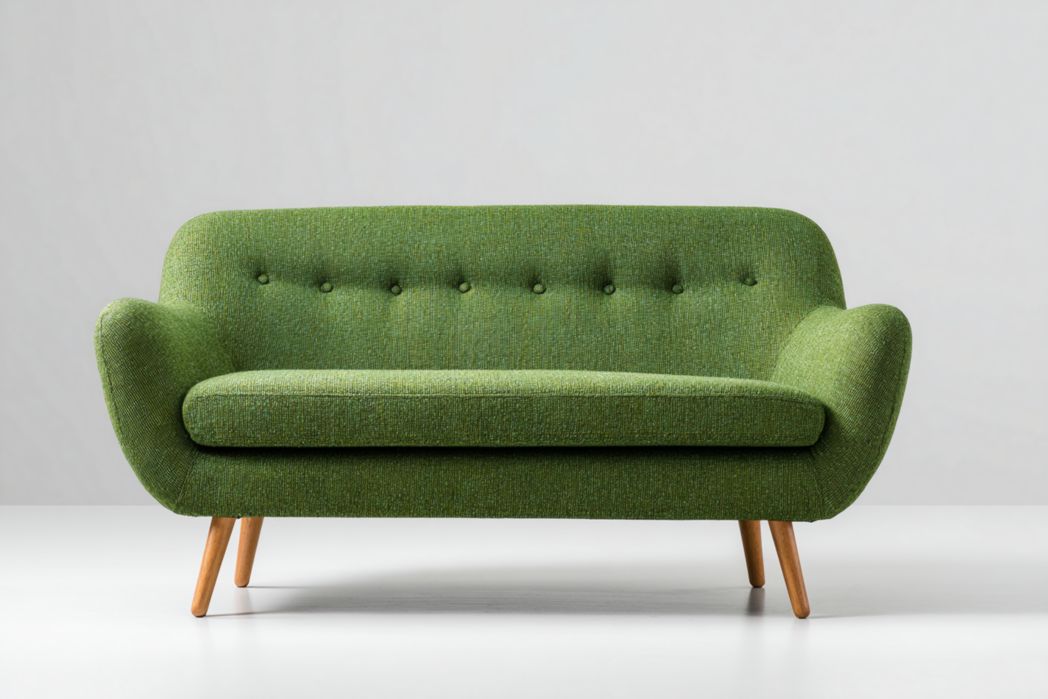 Sofá 2 plazas verde tapizado en tela con respaldo capitoné y patas de madera
