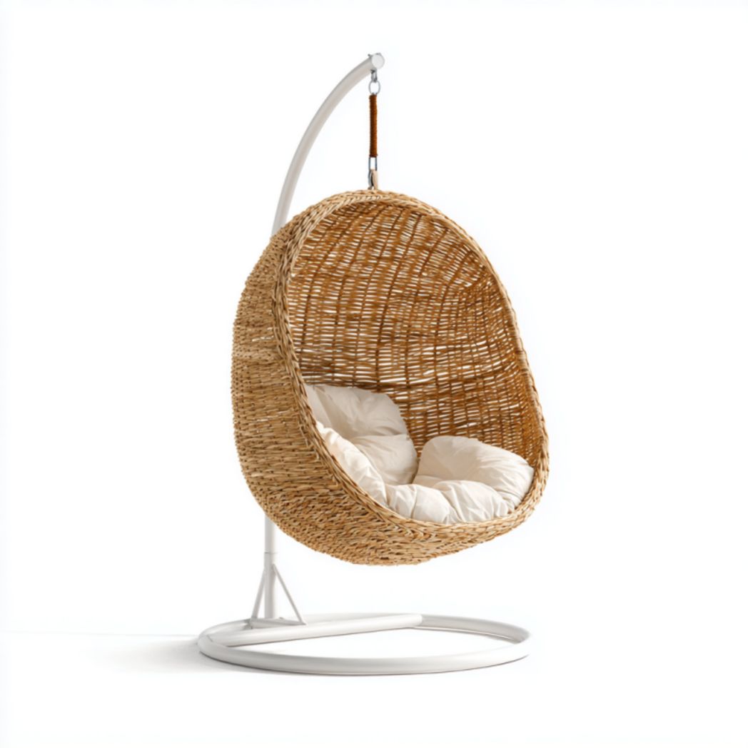Silla colgante tipo huevo con soporte – ratán PE natural y estructura de acero blanco con 2 cojines crema