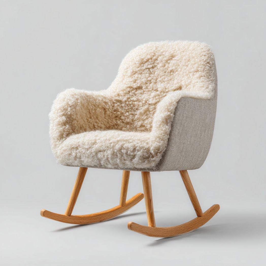 Mecedora tapizada en borreguito crema con balancines de madera – Oem