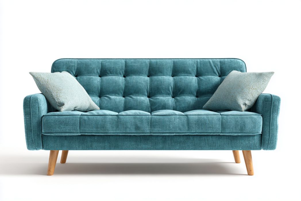 Sofá 3 plazas azul turquesa de tela con cojines decorativos y patas de madera