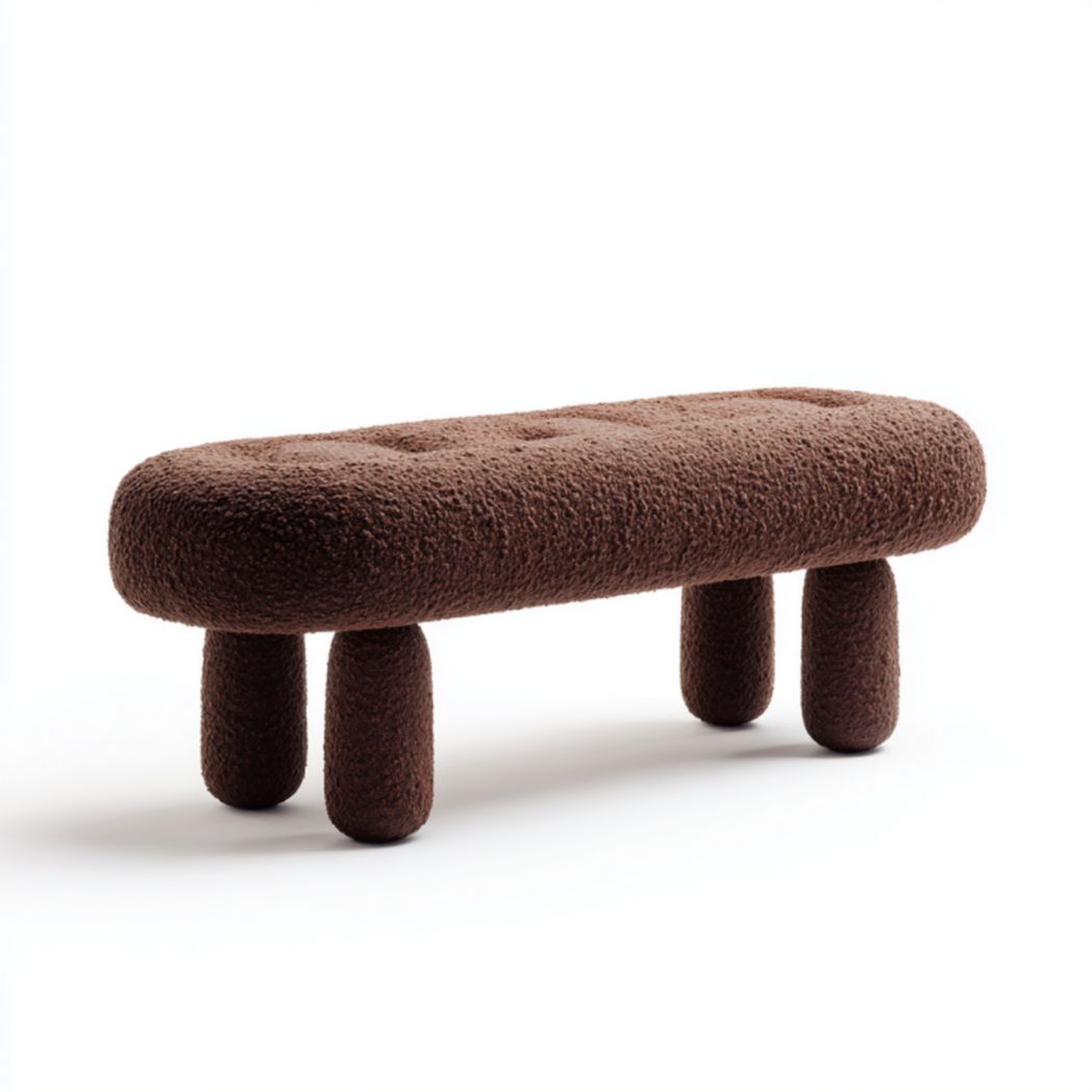 Banco tapizado en tela marrón con patas cilíndricas modernas