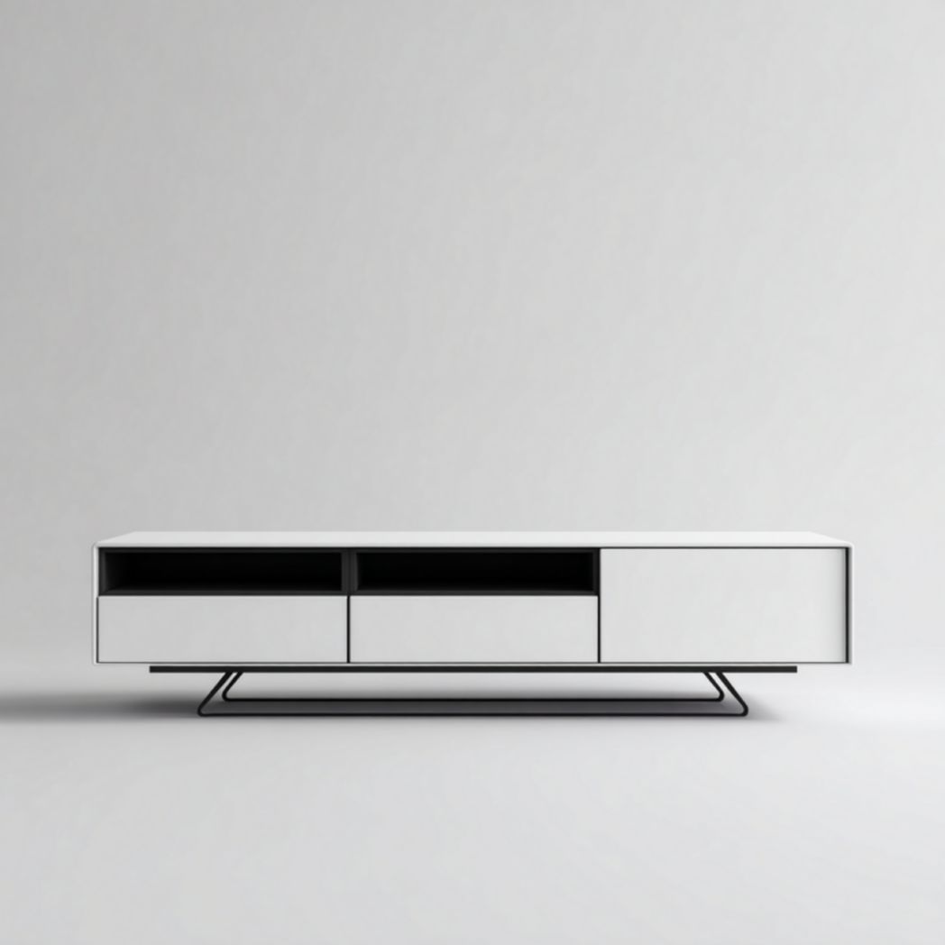 Mueble TV blanco con base metálica negra, 2 estantes abiertos, 2 cajones y 1 puerta – 180×40×45 cm