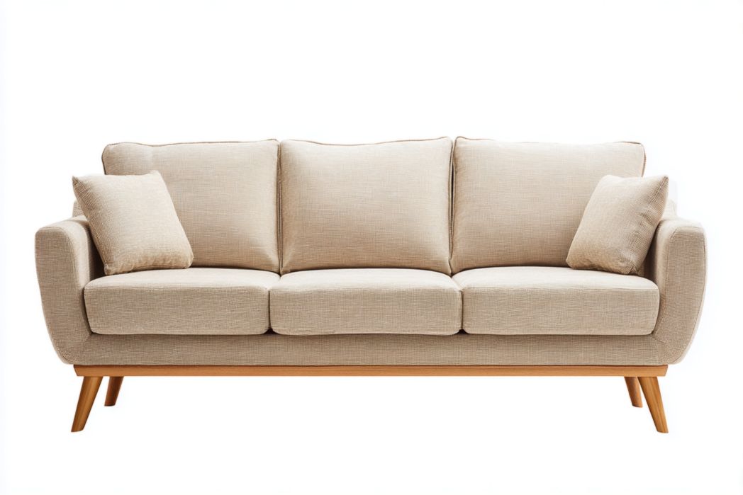 Sofá 3 plazas beige con cojines y patas de madera