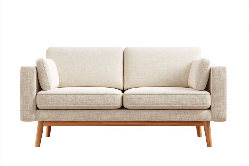 Sofá 2 plazas beige con cojines y patas de madera