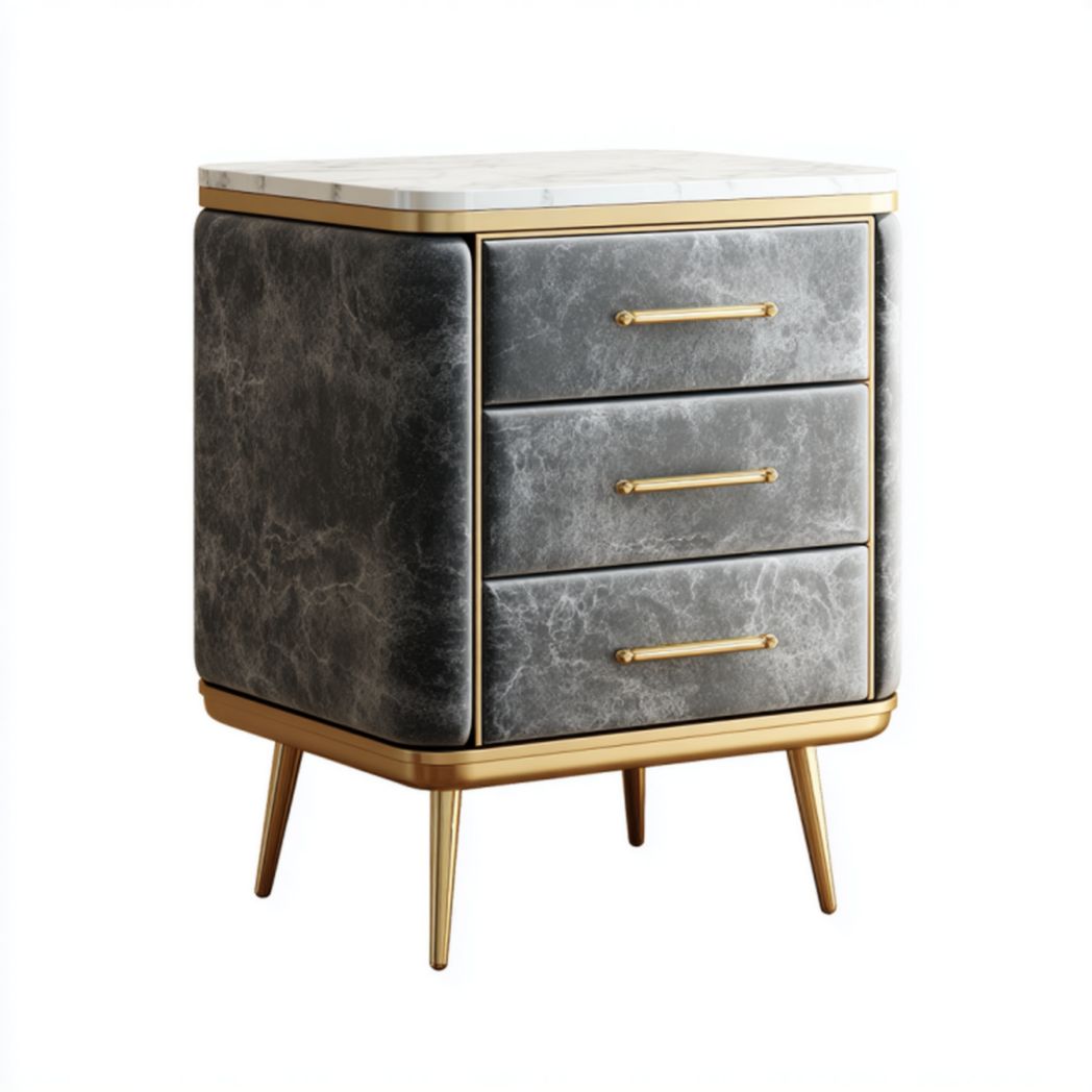 Mesita de noche gris con acabado en piel sintética, 3 cajones y superficie de mármol