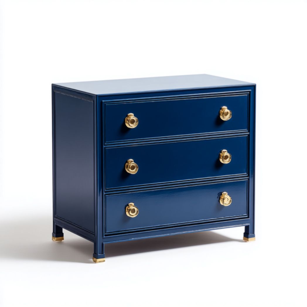 Mesita de noche azul con 3 cajones y tiradores metálicos
