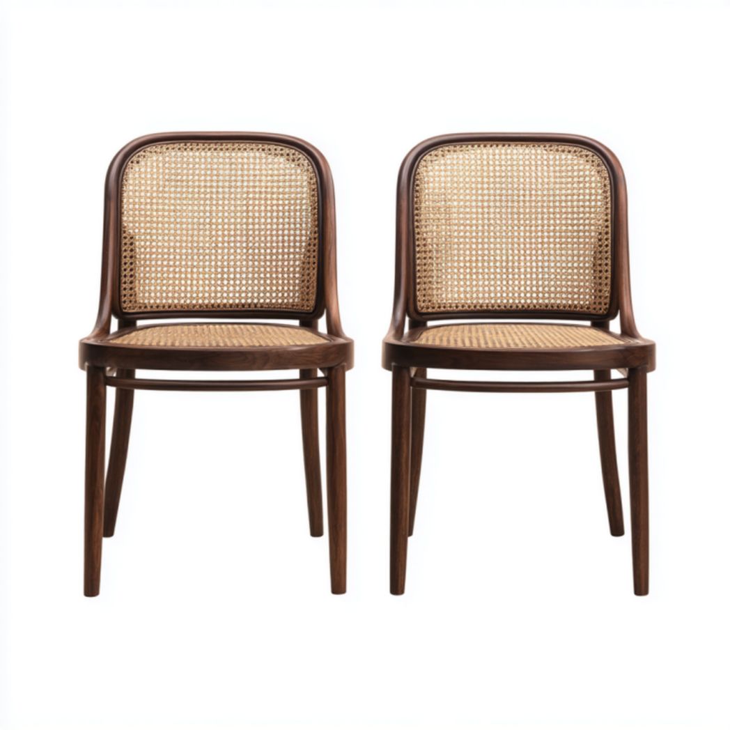 Pack 2 sillas de comedor color nogal con estructura de madera curvada y asiento/respaldo de ratán