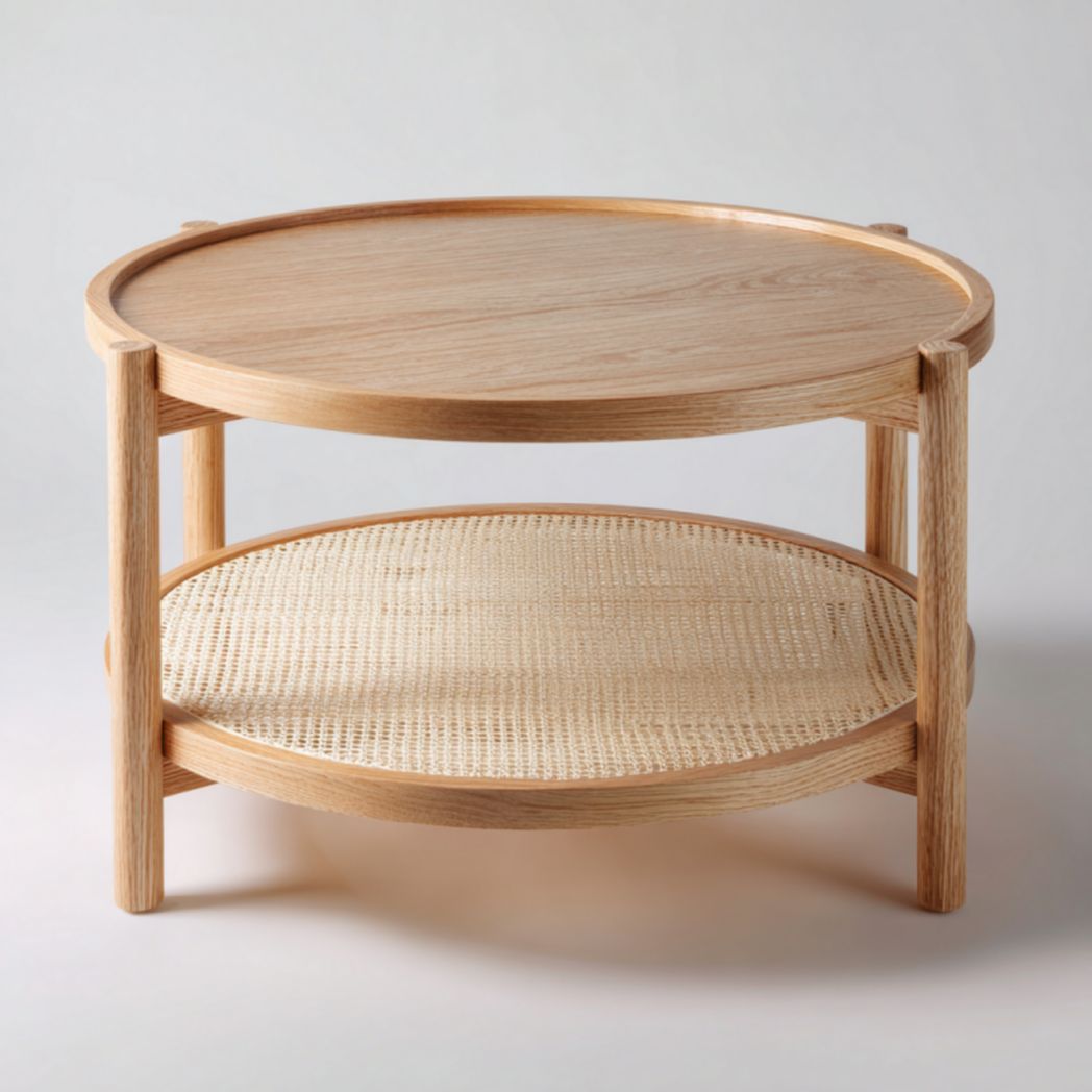 Mesa de centro redonda en roble claro con borde tipo bandeja y estante de rejilla, 70×70×45 cm